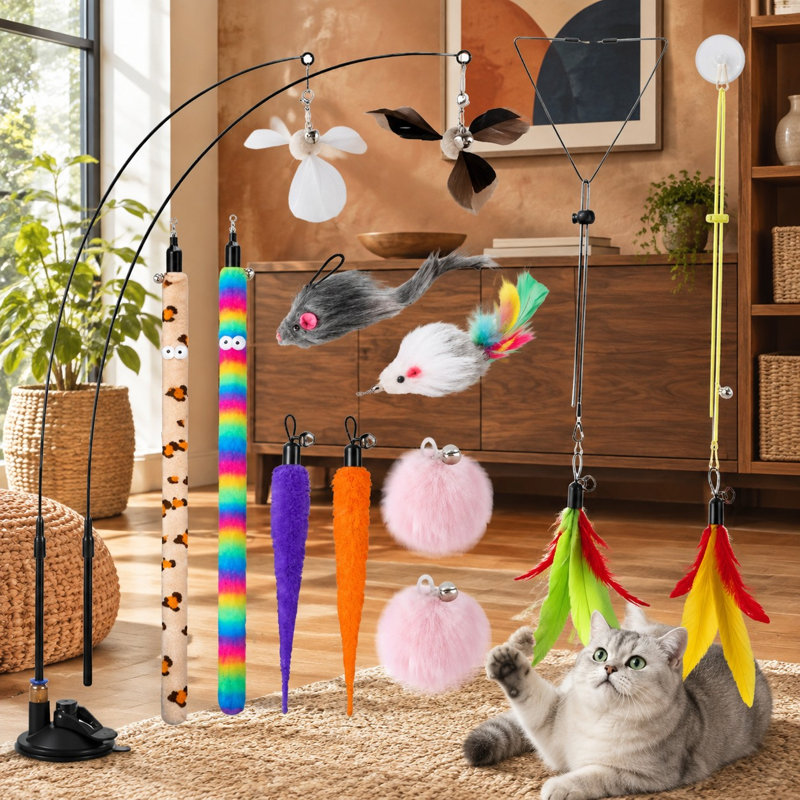 Ce kit de 12 baguettes interactives 4 en 1 pour chatons d'intérieur comprend une ventouse améliorée, un bâtonnet de rechange pour chat et 2 types de jouets à suspendre à la porte.