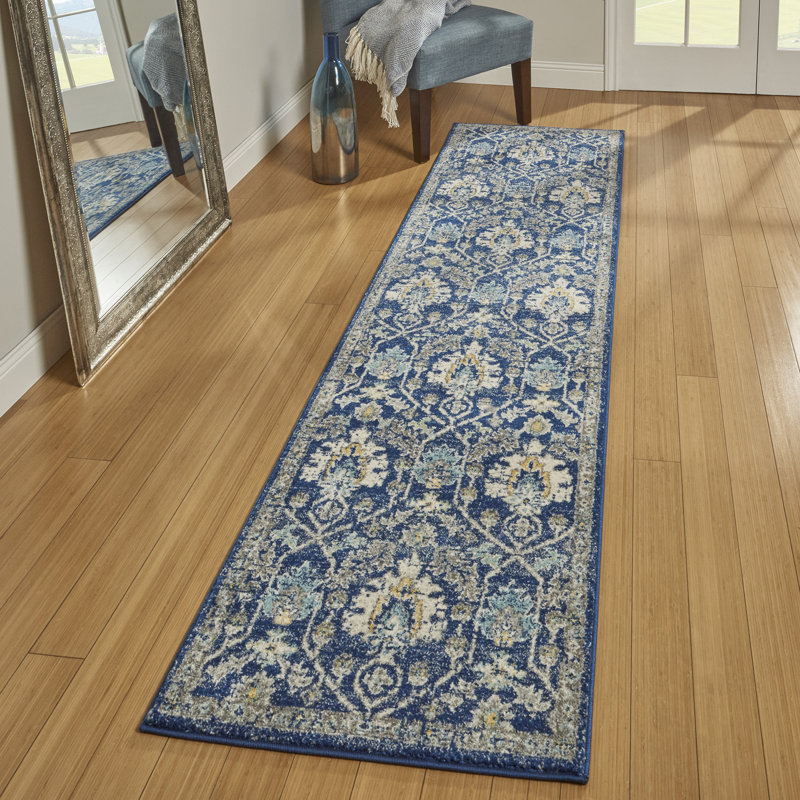 Elyse Marlow Transitional Floral Navy Blue/Ivory Polypropylene Area Rug, Runner 2'2" x 8'