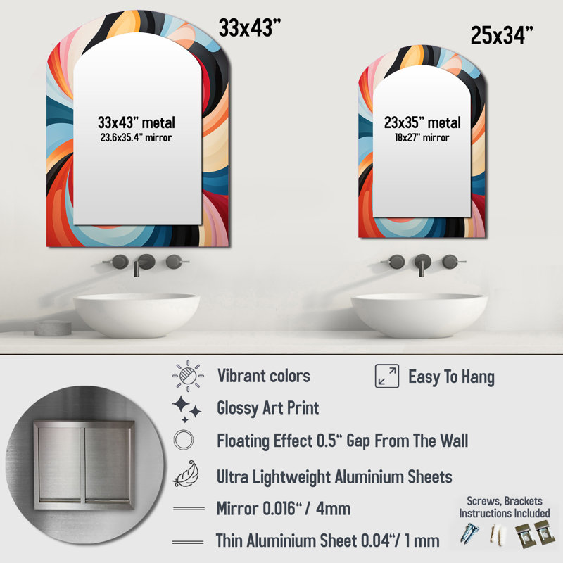 Opt Art Chromatic Elixir VII - Op Art Arch Unique Wall Mirror, Modern Asymmetrical Mirror, Printed Metal Art, 43" x 33"