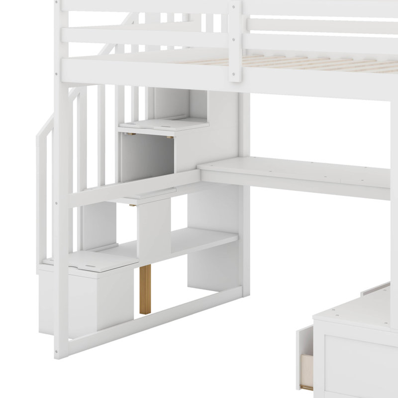 Lit mezzanine double avec bureau, tablettes et tiroirs, Blanc