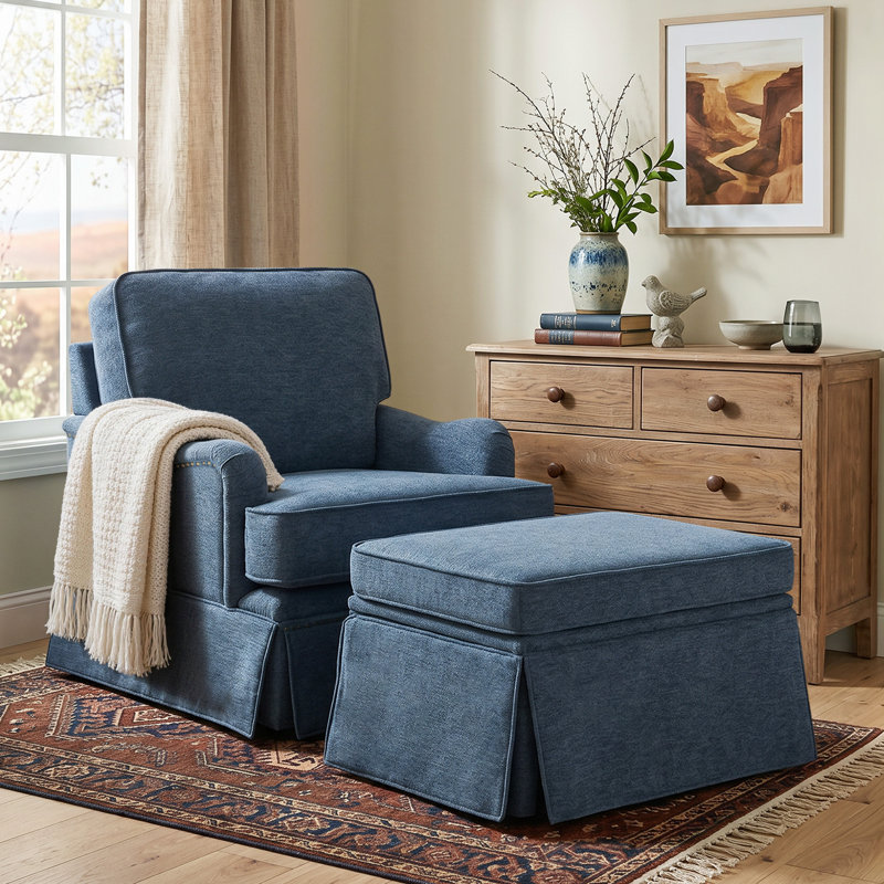Upholstered Skirted Swivel Accent Arm Chair With Storage Ottoman, Navy Chenille
