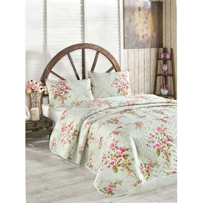 Luxury King Quilted Bedspread Set (3 Pieces), Mint & Pink & Yellow & Green | 65% Cotton / 35% Polyester Cover | 100% Fibre Filling, Machine Washable, Envelope & Button Closure | Elegant & Cozy Bedroom Decor