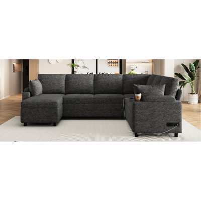 Lit en forme de U en gris avec amplement d'espace de rangement et tissu de chenille doux Caractéristiques d'optimisation modernes