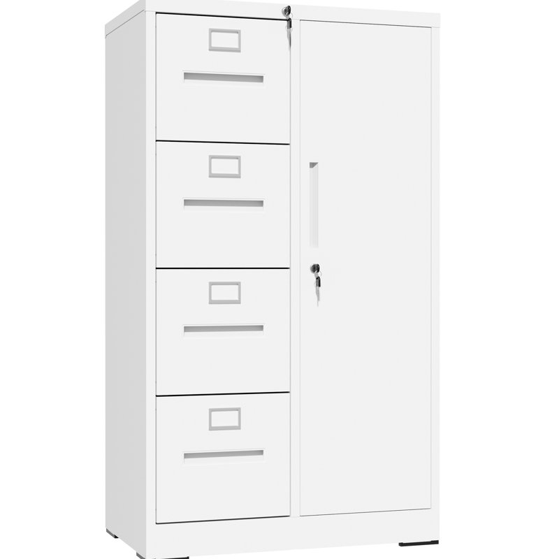 Classeur vertical en métal blanc avec 4 tiroirs et 1 porte, idéal pour le bureau de la chambre à coucher, mouvement de tiroir fluide, divers articles de rangement spacieux, chambre à verrou verrouillable, documents silencieux, facile à nettoyer