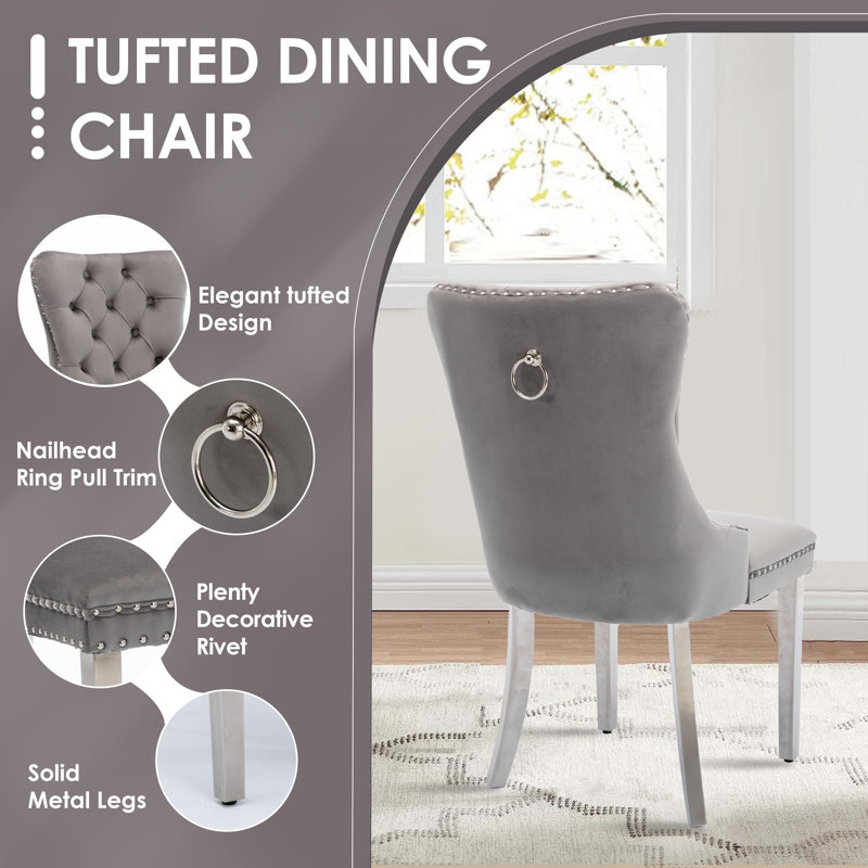 5-Piece Modern Round Pedestal Dining Set with Velvet Tufted Dining Chair for Dining Room and Living Room, Gray, Silver