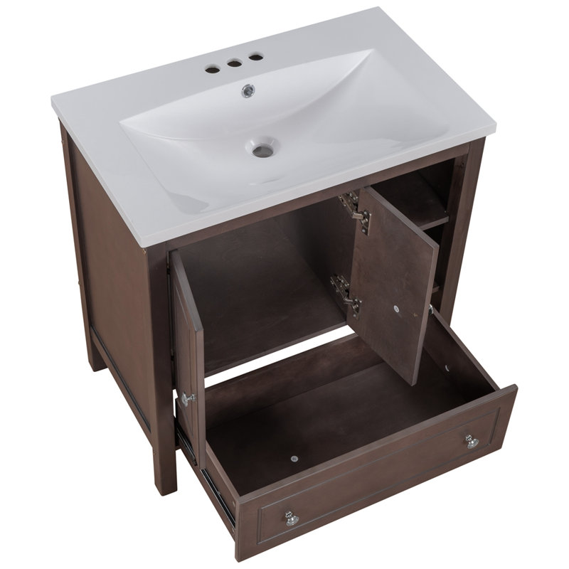 Meuble-lavabo sur pied simple avec plateau en céramique 30,11 po Meng, Brun