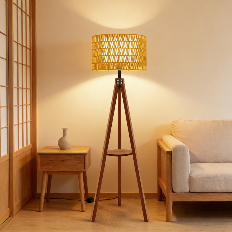 Lampe trépied moderne Mid-Century avec tablette, double abat-jour et lumière à 3 voies, lampe sur pied en rotin d'osier avec interrupteur au pied pour le salon, la chambre à coucher, le bureau