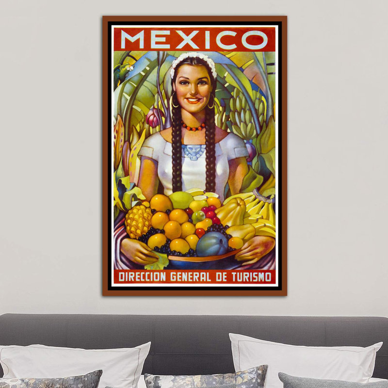 Mexique - impression d'art graphique, H 40 po x l 26 po x P 1,5 po, Toile avec cadre en bois brun
