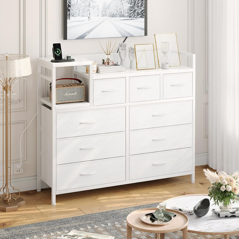Modern 9-Drawer TV Stand with Charging Station & Power Outlets, Media Console Storage Dresser, Open Shelf Entertainment Center for Living Room, Bedroom