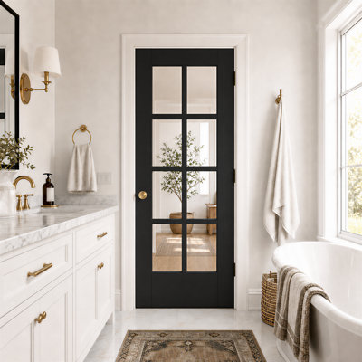Porte intérieure 24 po x 80 po à panneau français en verre transparent avec porte à dalle en PVC noir pour garde-manger, chambre à coucher, placard, buanderie et salle de bain