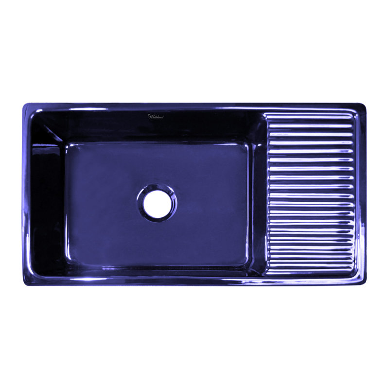 Fireclay Reversible Sink with Integral Drainboard and Decorative 2 ½" Lip on Both Sides, Glossy Blue