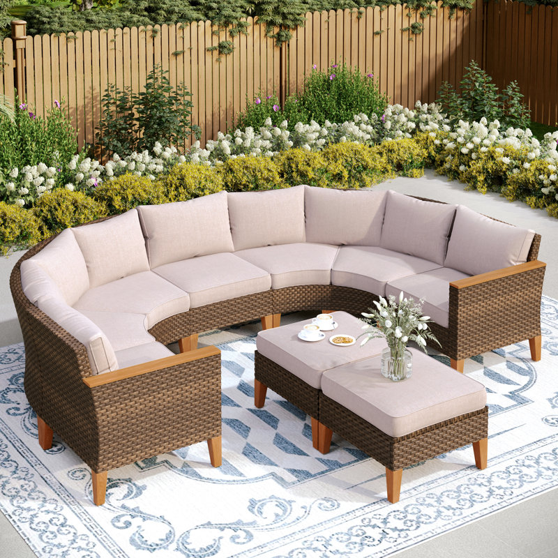 All Weather Wicker/Rattan 9 - Person Seating Group with Cushions, Beige