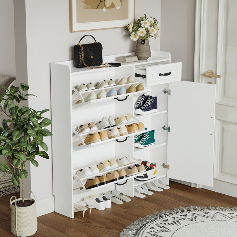 Range-chaussures blanc avec 4 portes et 1 tiroir, grand espace de rangement