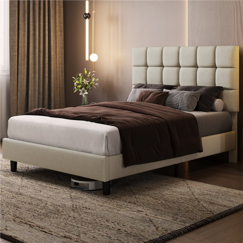 Size Modern Upholstered Bed Frame with Adjustable Square Tufted Headboard, Double (4'6), Beige