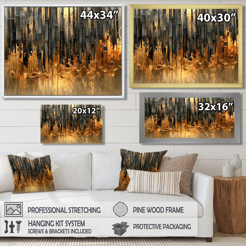 Golden Arashiyama Bamboo River I - art mural en bambou, Impression d'un seul cadre photo, Noir, H 12 po x l 20 po