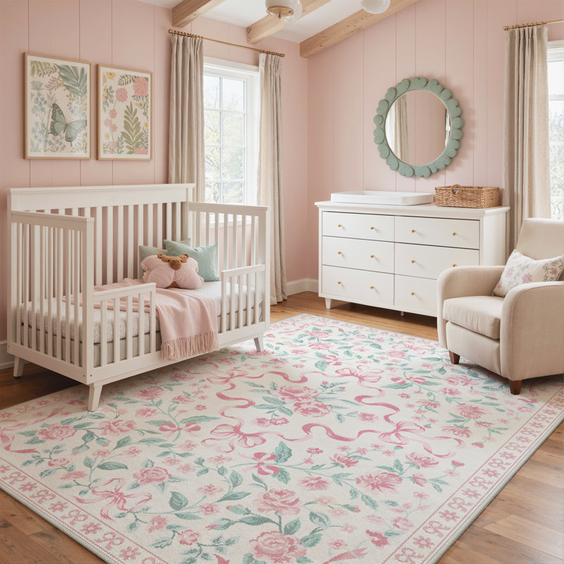 Atascadero Rosette & Bow Area Rug, French Country Floral Soft Kid Rug, Machine Washable, Inspired Faux Wool - High-Rebound Foam & Non-Slip Backing