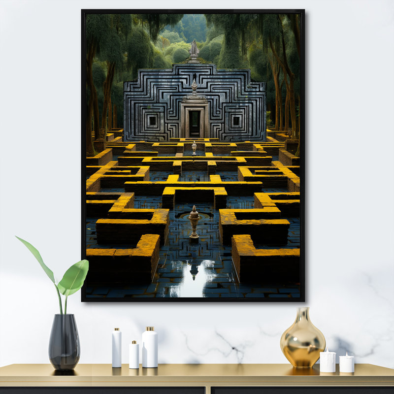 Ancienne pierre Maya gris et jaune labyrinthe I - labyrinthe d'art mural, Cadre flottant noir, H 20 po x l 12 po x P 1 po