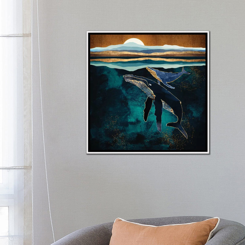 Moonlit Whales - impression d'art graphique, Aucun mat, H 26 po x l 26 po x P 1,5 po, Toile blanche encadrée