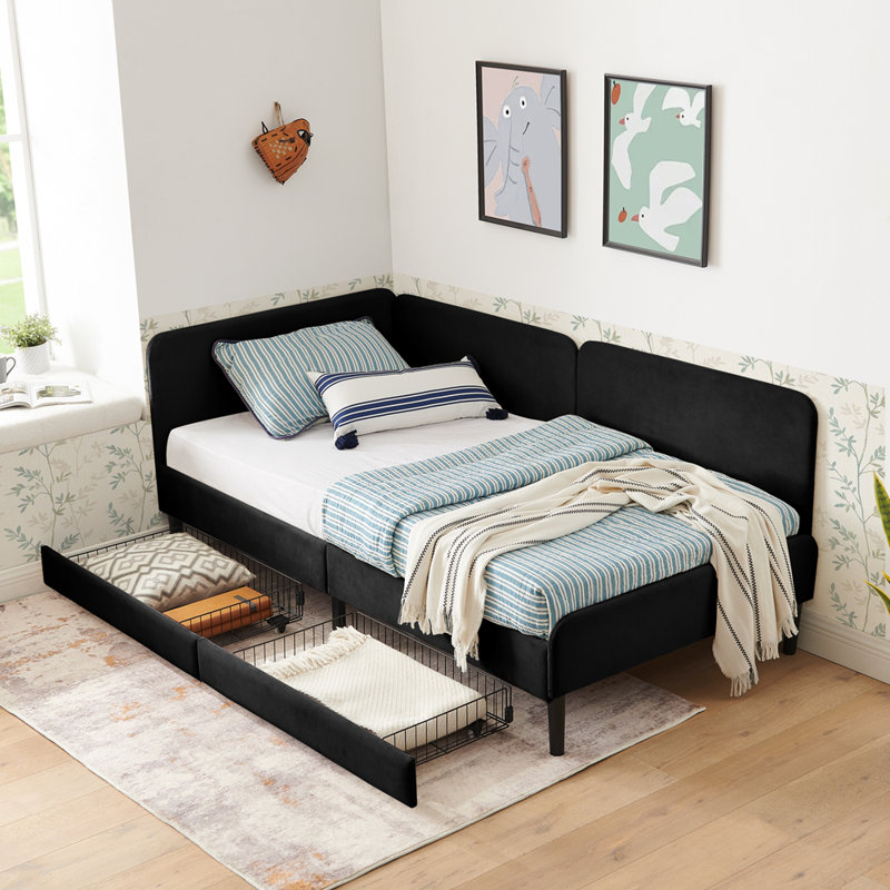 Velvet Upholstery Adjustable  Bed with 2 Storage Drawers, Twin, Black