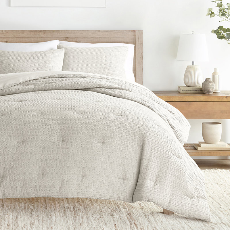 Waffle Textured 3 Piece Comforter Set All Season Down-Alternative Ultra Soft Bedding, Queen Comforter + 2 Standard Shams