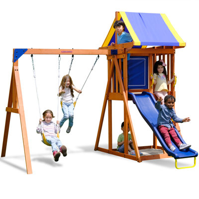 Sportspower™ Asher Wooden Swing Set With 2 Belt Swings, Roofed Play Fort, Rock Cimber, Heavy Duty Double A-frame, 6ft Blow Molded Slide, Bonus Anchor Kit Included