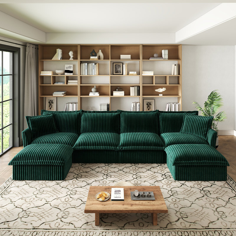 U Shape Sectional Wide And Deep Seat Sofa Couch, 4 Seater Sofa,Cloud Couch For Living Room, Apartment, Fabric, Green Corduroy