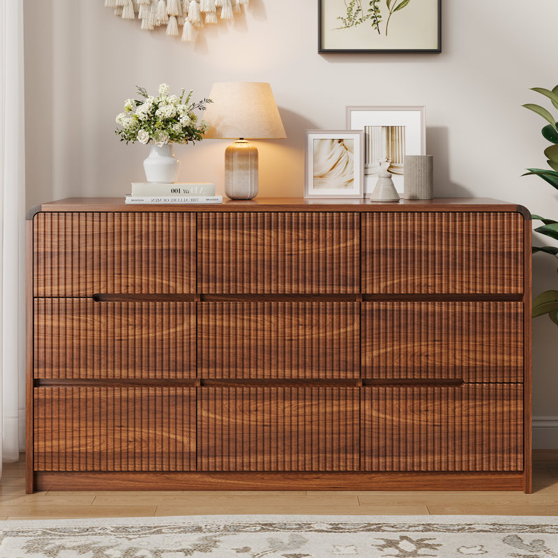 Ato 55.2" W 9 Drawer Mid-Century Modern, Wooden Dresser with Curved Profile, Fluted Design and Large Capacity Storage					