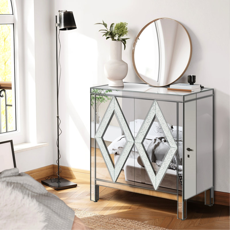 Armoire de rangement avec garniture de miroir et forme de diamant, argent pour la vie, salle à manger, entrée, armoire de cuisine avec garniture en verre, salon, entrée, fabrication