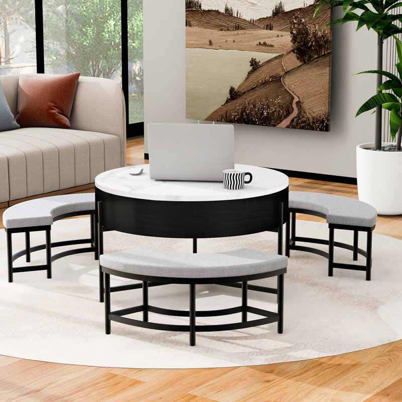 Table basse ronde à plateau relevable avec rangement et 3 repose-pieds, Noir