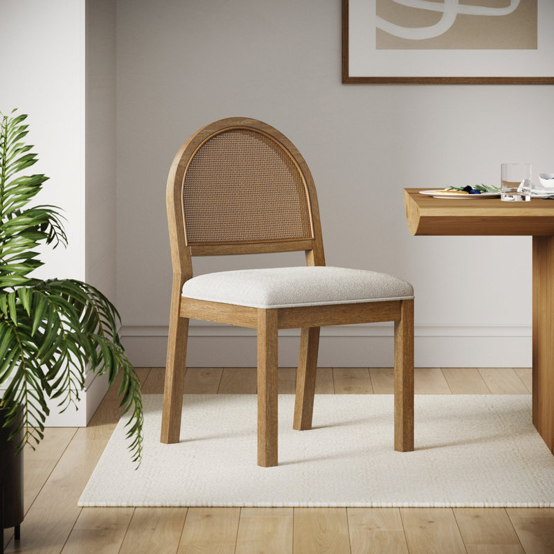 Tabouret court rembourré avec dossier en rotin tissé Boucle, Crème / brun clair, 1