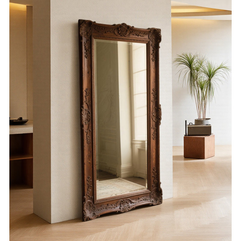 Miroir de plancher rétro en bois massif sculpté pleine grandeur, 70,87 po x 31,5 po