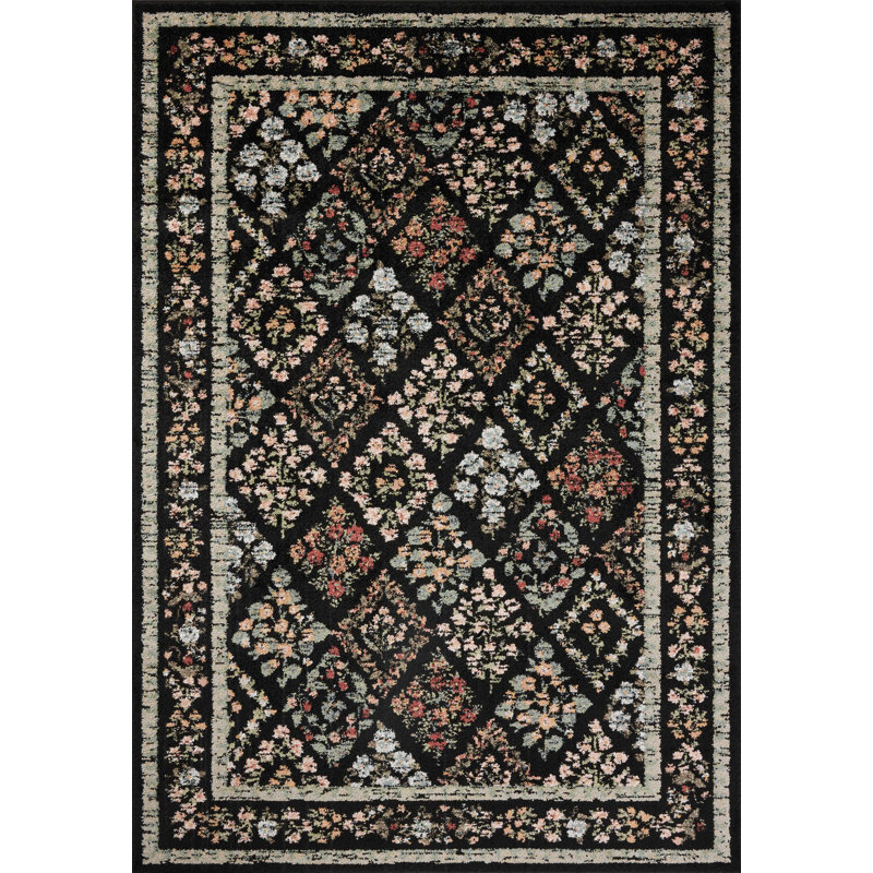 Tapis noir Rifle Paper Co. x Loloi Laurel, Rectangle 6 pi 6 po x 9 pi 2 po
