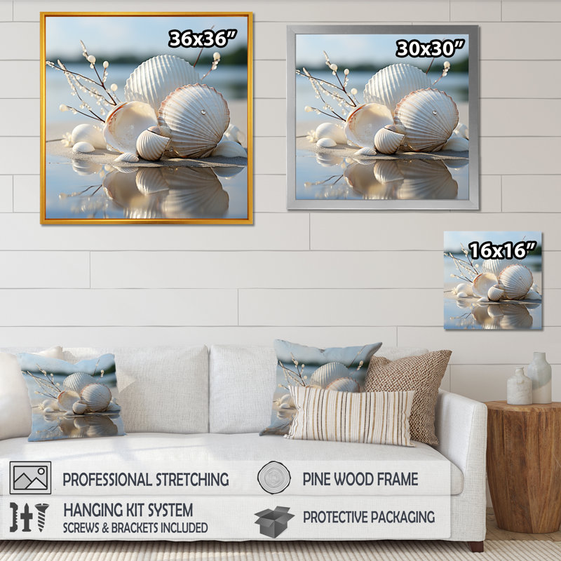 Minimal White Seashell Photography - Seashell Canvas Wall Art, Wrapped Canvas, 36" H x 36" W x 1.5" D