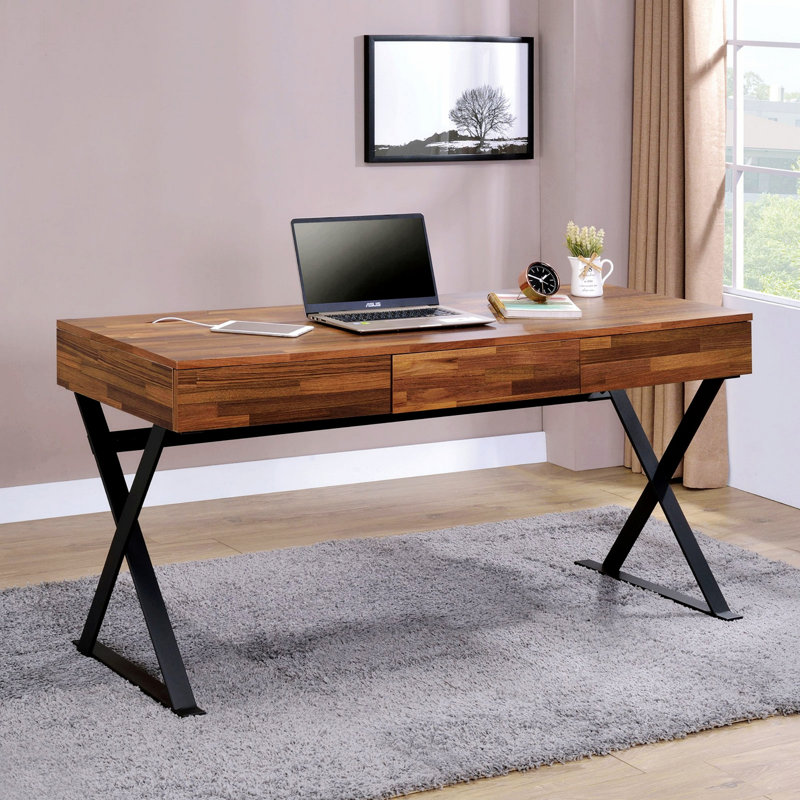 Bureau d'ordinateur industriel avec trois tiroirs de rangement et pieds en X