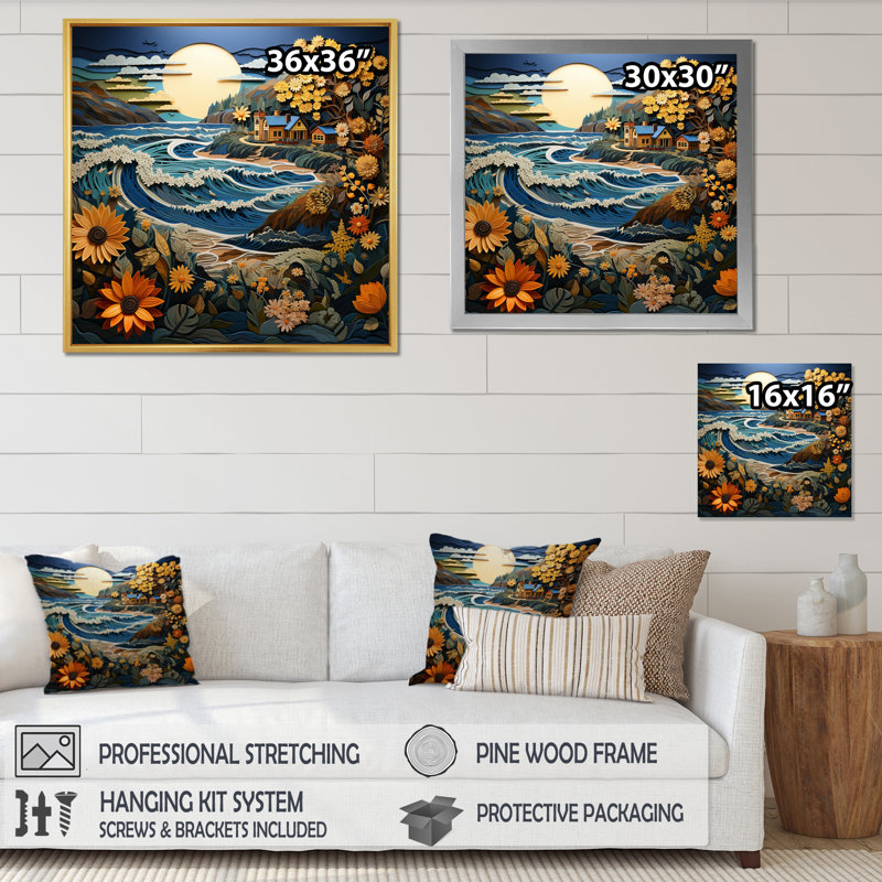 Coasterc Seaside Retreat Papercut - Imprimé, H 24 po x l 24 po x P 1 po, Cadre photo noir