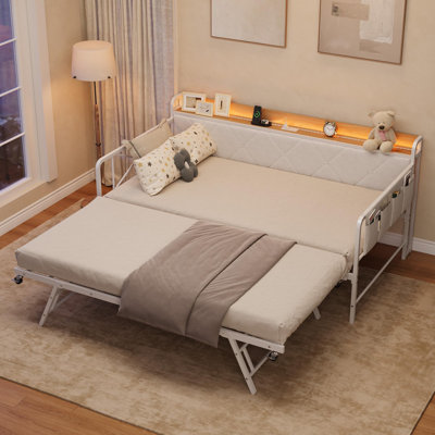 LED Light & Charging Station Twin Daybed Set with Trundle, Upholstered Headboard, Metal Frame Sofa Bed