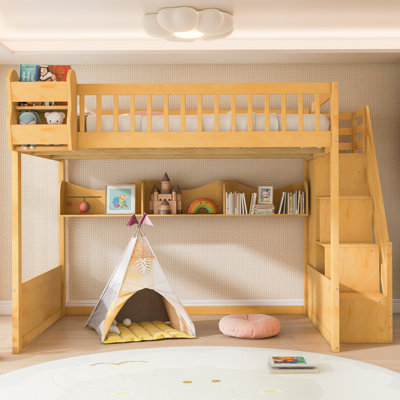 Queen Size Wooden Loft Bed with Staircase and Wardrobe,Storage Shelves and Under-bed Space,Natural