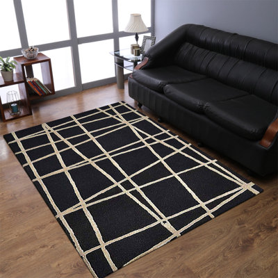Tapis écologiques en laine touffetés à la main - 5 pi x 8 pi, rectangulaires, de couleur noire, de conception moderne et contemporaine, tapis épais antidérapants faits à la main pour salon, chambre à coucher
