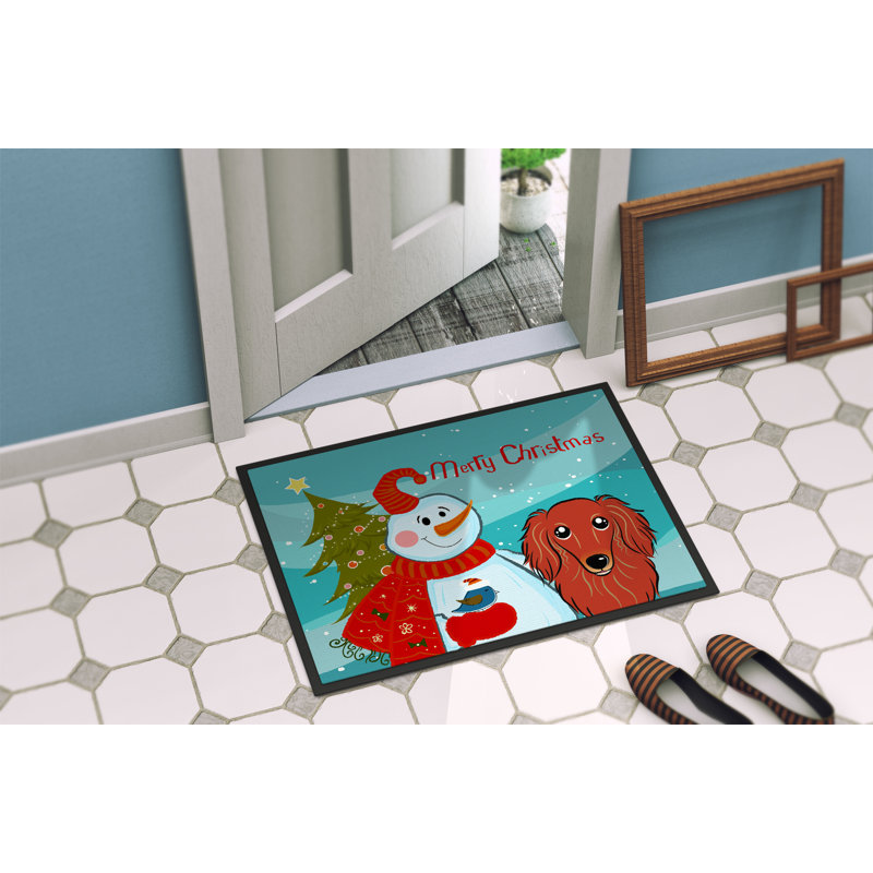 Tapis de porte pour l’extérieur anti-dérapant bonhomme de neige avec teckel à long teckel, Rouge