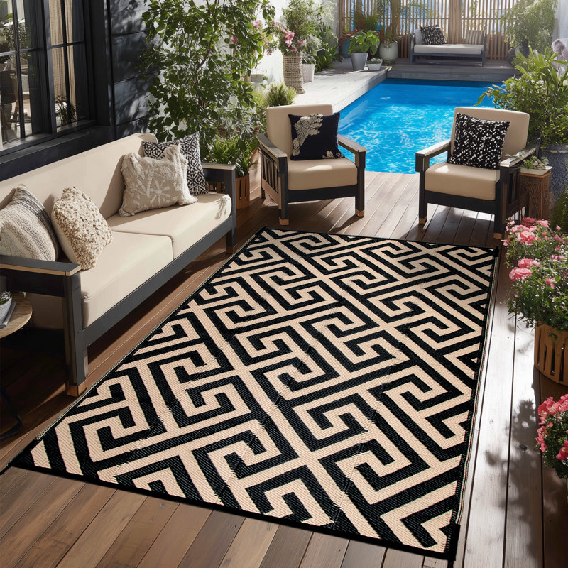 Tapis d'extérieur moderne réutilisable Modern Greek Key - imperméable et résistant aux rayons UV pour la cour en PP