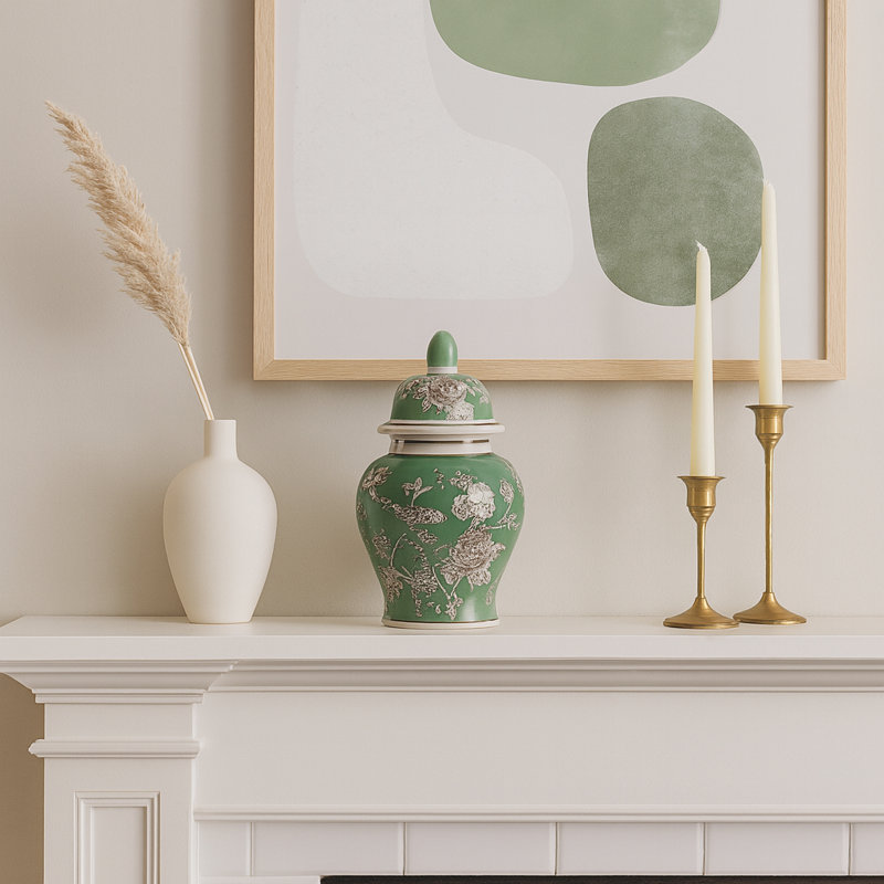 Decorative Bird And Flower Temple Jar With Lid -  Tall Home Decor Accent For Coffee Table - Versatile Jar Or Vase For Office Desk - Green & White