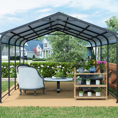 Galvanized Steel 12 X 21 Ft Carport, High Wind And - Protected, Suitable For Cars, Trucks Boats Carport With Powder Coated Frame, Vertical Stripe Design Easy Snow Sliding, Multi Use In Outdoor