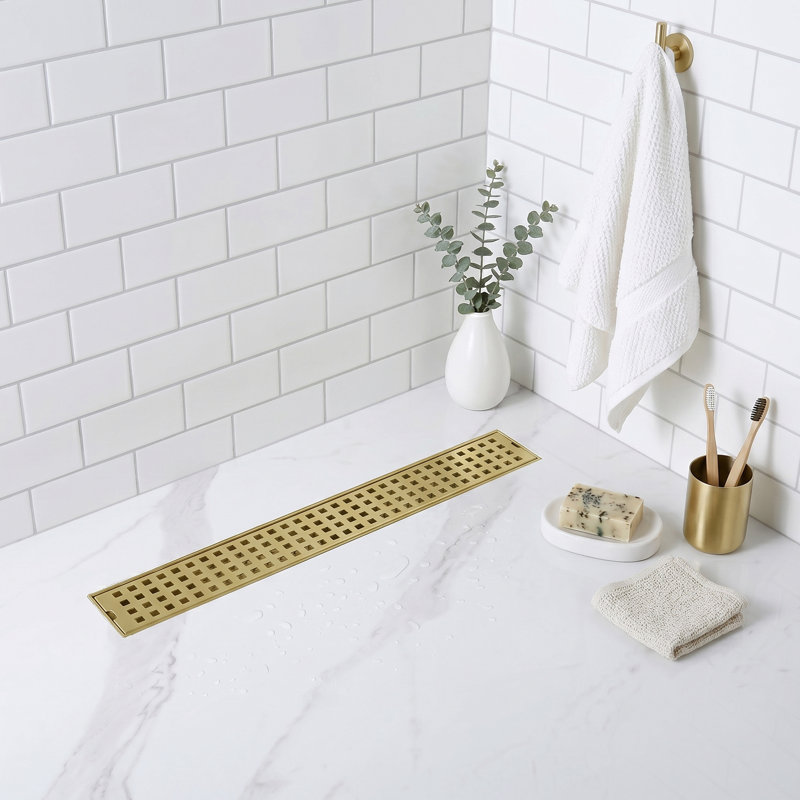 Modern Linear Grid With Hair Strainer And Lifting Hook For Bathroom Shower, Brushed Gold, 23.6 Inches