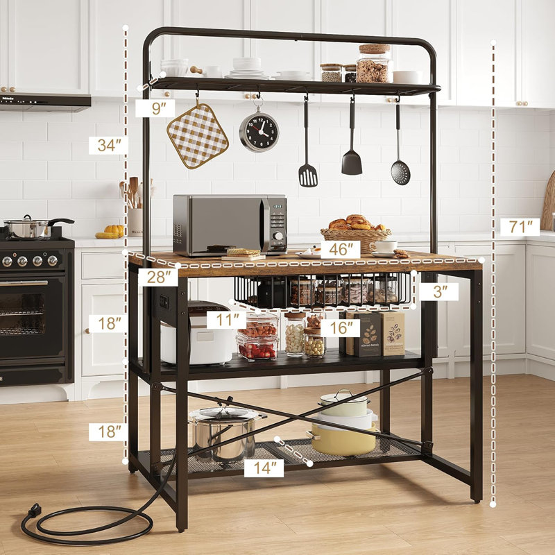 Grand support de table pour îlot de cuisine 46 "avec prise de courant et support de four à micro-ondes à 3 niveaux