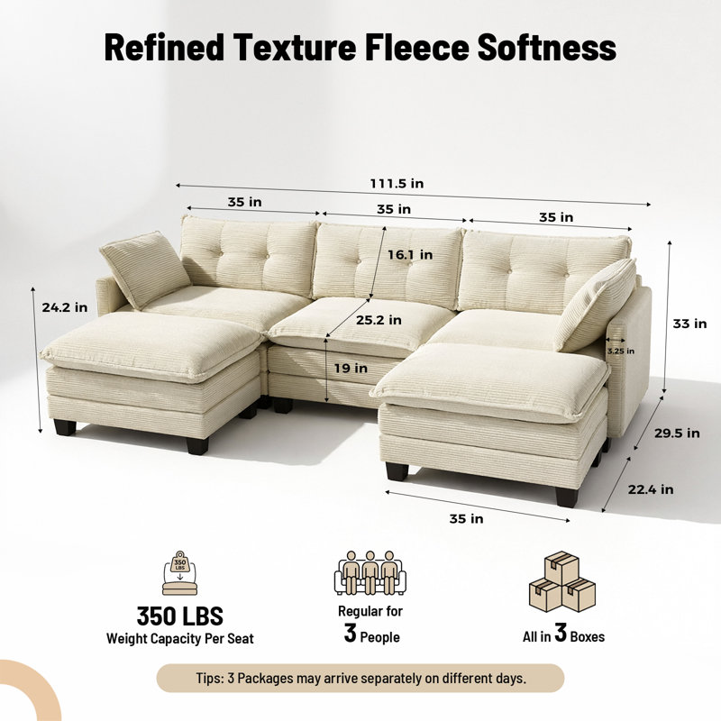 Canapé modulaire en forme de U 111,5 po, canapé en velours côtelé à assise profonde avec repose-pieds mobile, beige, Beige