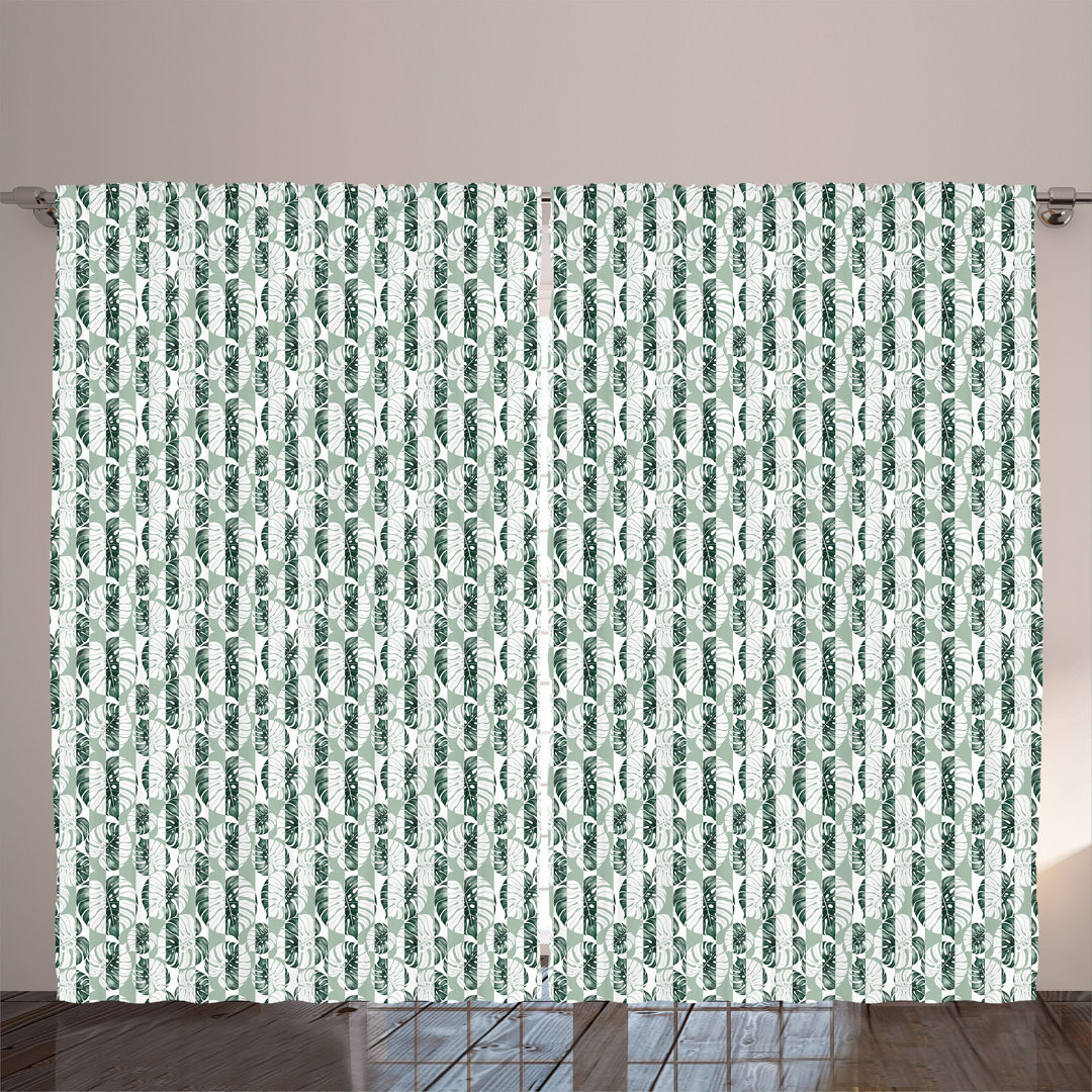 Rustic curtain, monstera leaves, tropical, botanical, white emerald green