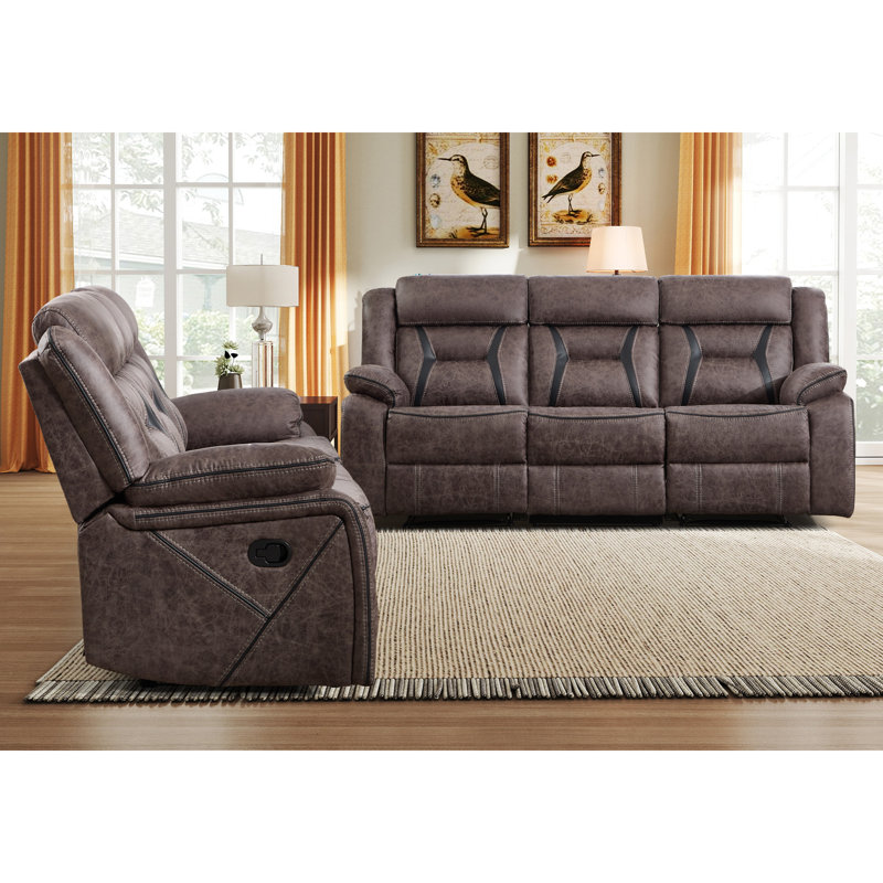 84.6'' Wide Modern Soft Breathable Vegan Leather Manual Reclining Sofa With Pillow Top Arms (Set Of 2), Gray