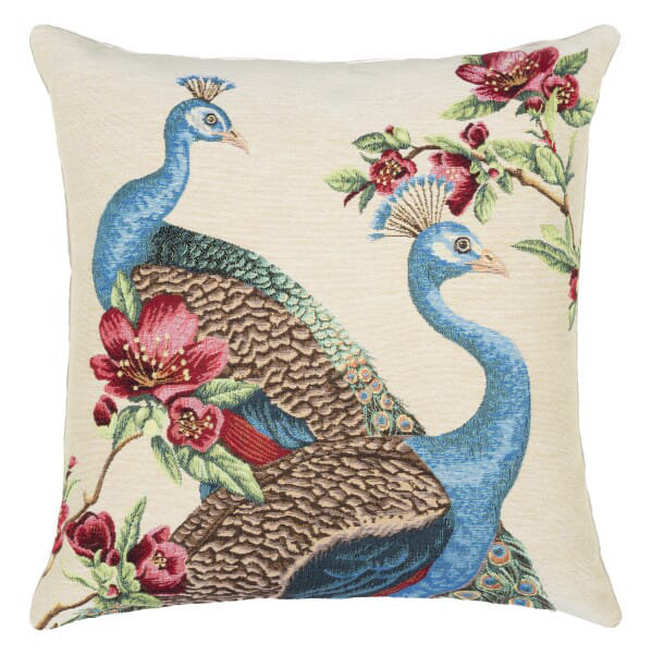 Peacocks & Flowers Tapestry Cushion with Feather Filler 