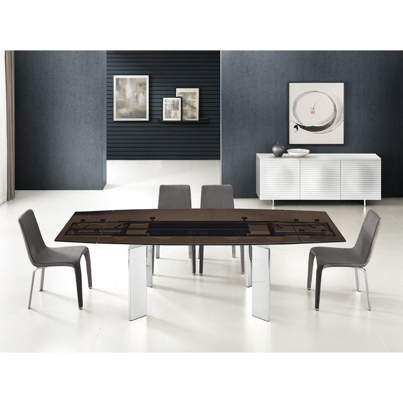 Astor Extendable Rectangular Glass Top with Stainless Steel Base Dining Table, Smoked