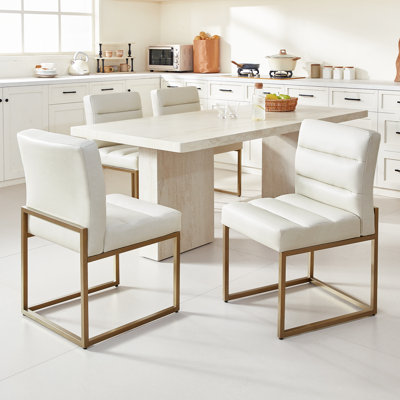 GrandNoor Modern Beige Faux Leather Dining Chairs Set of 4, Soft Thick Upholstered Kitchen Chairs with Gold Sturdy Metal Legs,Adjustable Foot Pads Dining Room Chairs